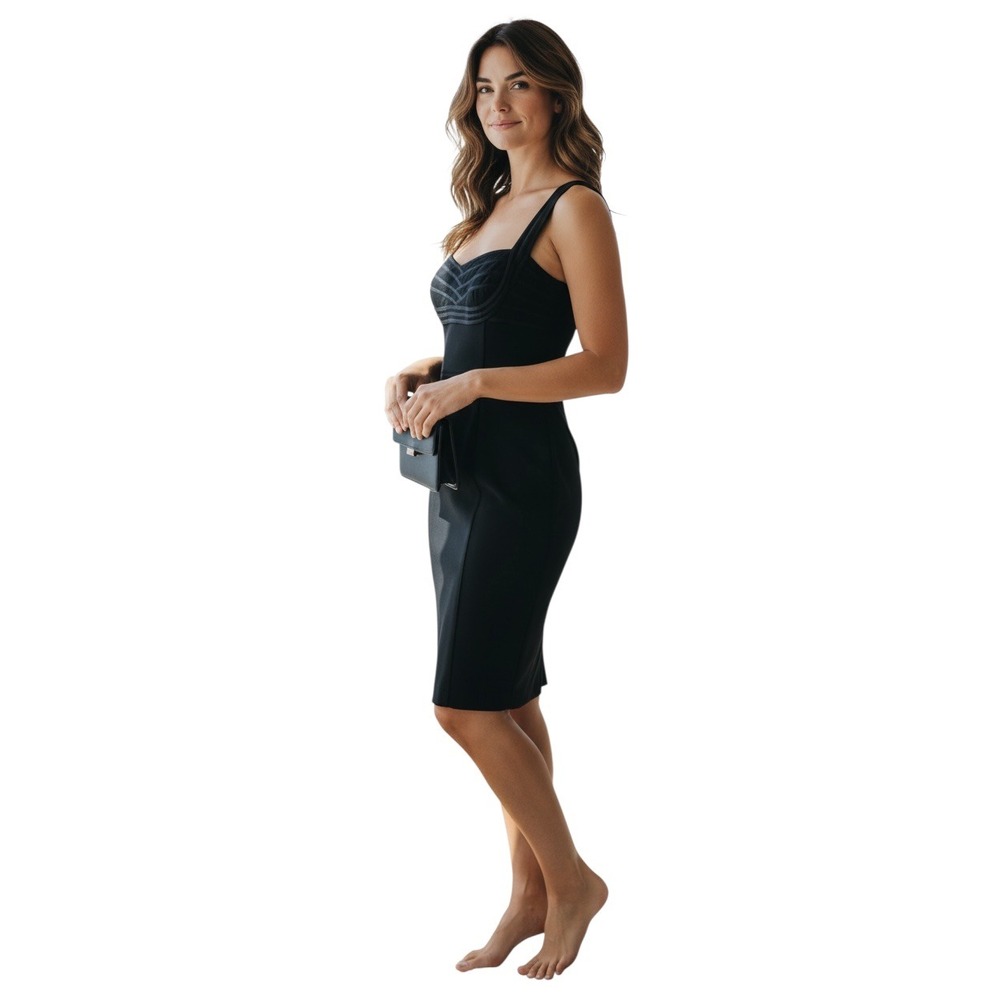 JS Collections Black Textured Bust Square Neck Cocktail Sheath Dress Size 10